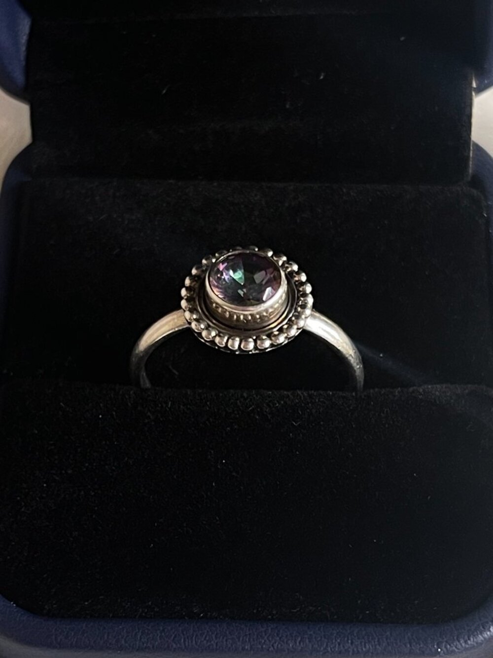 925 Sterling Silver Mystic Topaz Ring Round Cut Beaded Halo Vintage Sz 8.5